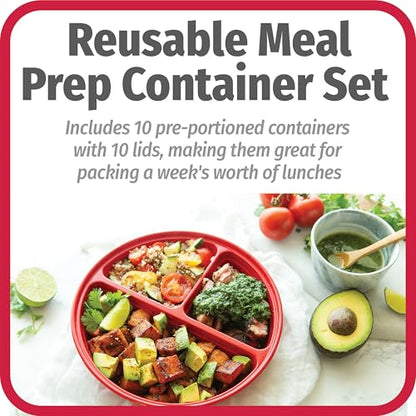 GoodCook Meal Prep Containers Set Microwave & Dishwasher-Safe Round Food Organizers with Labeled Compartments BPA-Free Food Storage Set with Snap Shut Lids Portion Control, 10-Pieces, Red