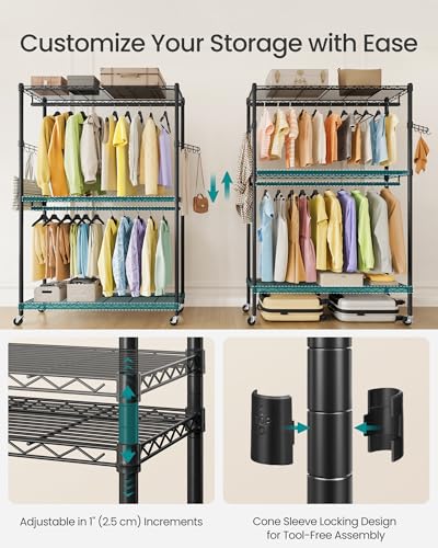 SONGMICS Heavy-Duty Rolling Clothes Rack, Garment Rack, Portable Closet, 43.3-Inch Wide Clothing Rack on Wheels, with Adjustable Mesh Shelves and Hanging Rails, Hooks, Ink Black ULGR414B01