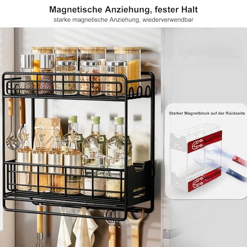 Magnetic Shelves for Washing Machine with Pull Out Shelf, Black Magnetic Sliding Racks for Side of Fridge, Magnetic Laundry Shelf with 5 Hooks, Magnet Laundry Room Organizer