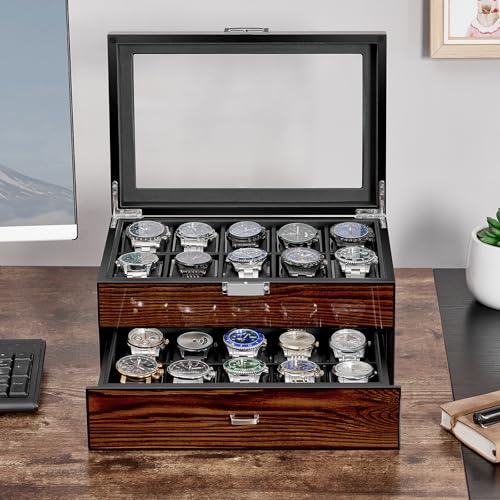 BEWISHOME High-End Watch Box 20-Slot Wooden Watch Case with Large Glass Lid | 2-Layer Watch Cases for Men, Watch Storage, Watch Organizer, Synthetic Leather Interior, Brown