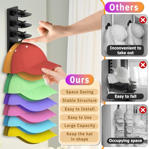Hat Organizer for Baseball Caps, 2 Pack Hold Up to 40 Hats | Hat Rack for Wall Space Saving, Hat Hanger w/Strong Adhesive Hat Storage Holder Display for Closet Door and Wall (Black)