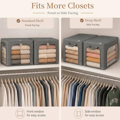 GoMaihe Clothes Storage Bins with Metal Frame for Sweaters, 40L 3-Pack Grey | Seasonal Clothes Hoodies Jeans, Closet Top Shelf Linen Closet Organizer, 3 Side Access Stackable Collapse-Proof, Clear Window