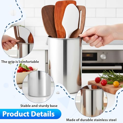 3 Pcs Stainless Steel Utensil Holders for Kitchen Counter, 5.5" x 7.3" Silver Cylinder Countertop Utensil Organizer Heavy Base and Dishwasher Safe for Home Cafe Restaurant Cooking Utensils