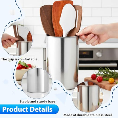 3 Pcs Stainless Steel Utensil Holders for Kitchen Counter, 5.5" x 7.3" Silver Cylinder Countertop Utensil Organizer Heavy Base and Dishwasher Safe for Home Cafe Restaurant Cooking Utensils