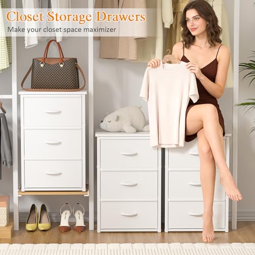 DAOUTIME Stackable Storage Drawers, 3 Drawers for Closet Clothes, White Closet Organizer with Wooden Top & Metal Frame, Freestanding or Stackable Dresser for Bedroom, Living Room