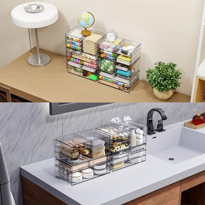 2 Pack Acrylic Drawer Organizer With 6 Drawers,Stackable 11.1” Large Clear Storage Drawers and Makeup Organizer For Vanity,Bathroom Countertop,Cabinet,Pantry,Office Supply Storage Bins Drawers