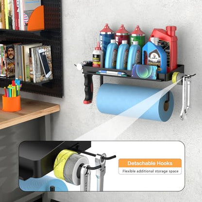 SUNTECH Garage Paper Towel Holder with Shelf, Wall-Mount (Black) | Fits 12 in Rolls, One-Hand Tear Design, Sturdy Iron, Holds Phones/Tablets, Includes 2 Detachable Hooks, for Garage, Tool Room