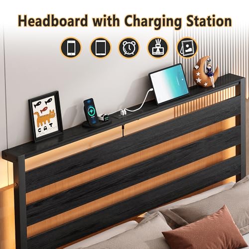 CLIBFENG 14 Inch Classic Metal Platform Bed Frame-Full Size Bed Frame with Headboard,Steel Slats Support-LED Bed Frame with USB Charging Station,Under Bed Storage,No Box Spring Needed,Noise Free