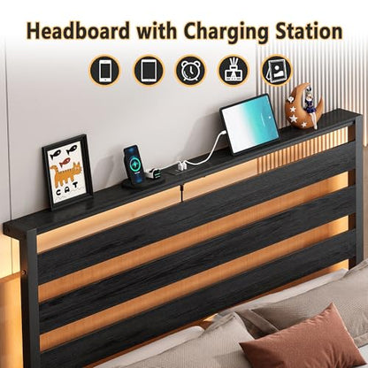 CLIBFENG 14 Inch Classic Metal Platform Bed Frame-Full Size Bed Frame with Headboard,Steel Slats Support-LED Bed Frame with USB Charging Station,Under Bed Storage,No Box Spring Needed,Noise Free