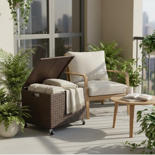 BIRDROCK HOME Rattan Rolling Storage Box with Lid and Wheels – Decorative Outdoor Deck Box for Patio, Balcony, Poolside – Woven File Organizer for Letter or Legal Files, Blankets or Towels (Espresso)