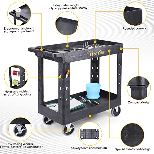 2-Tier Utility Rolling Cart, 34 x 17 in, 5" Swivel Wheels, 550lb | Deep Tub Shelves, Plastic Service Cart, Work Cart, Tool Cart, Tub Storage Organizer, Warehouse Garage Cleaning Supplies