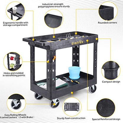 2-Tier Utility Rolling Cart, 34 x 17 in, 5" Swivel Wheels, 550lb | Deep Tub Shelves, Plastic Service Cart, Work Cart, Tool Cart, Tub Storage Organizer, Warehouse Garage Cleaning Supplies