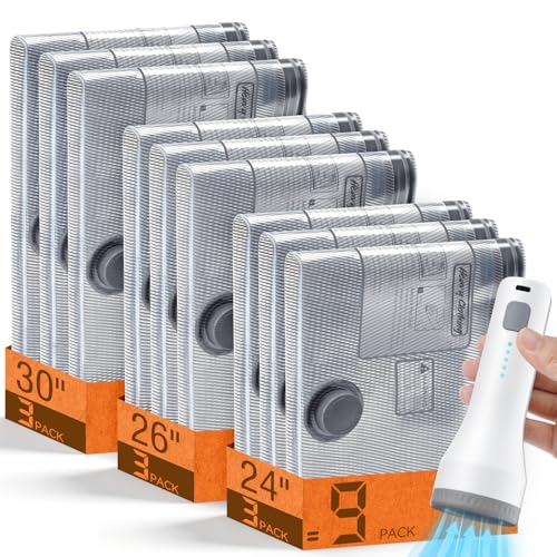 Vacuum Storage Bags for Travel with Cordless Pump,... (9 Count | Grey and white)