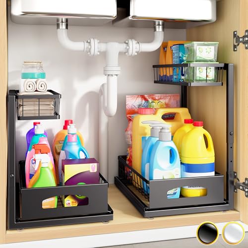 Under Sink Organizer, 2-Pack L-Shaped Metal Pull-Out Drawers for Kitchen | Cabinet Organizer Height Adjustable Heavy Duty Metal 2-Tier Storage Fits Beside Common Pipes for Bathroom Pantry