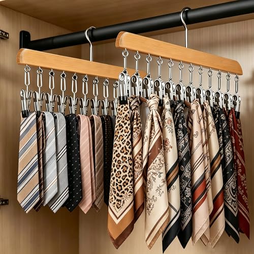 Closet Organizer with 10 Clips, 2 Pack Wooden Hanging Storage Hanger, Space Saving Multifunctional Rack for Ties, Scarves, Hats & Small Accessories
