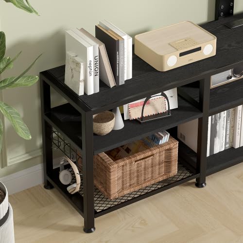 VECELO 63" TV Stand with Mount and Power Outlets, Entertainment Center Console with Open Storage Shelves, Height Adjustable up to 75”, Wooden Table and Metal Frame for Living Room, Matte Black