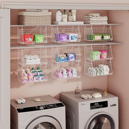 3-Tier Hanging Laundry Basket Organizer：Foldable Wire Shelf Laundry Room Organizer with 360°Rotating Hooks Small Space Solutions Closet Hanging Organizer - Laundry Organization, White Patent
