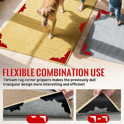Rug Non Slip Grippers, Reusable Rug Tape, No Damaging for Floor, Carpet Corner Stickers for Hardwood Floors and Tiles, Strong Hold Carpet Gripper for Area Rugs, 8Pcs