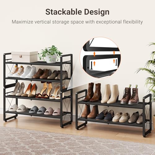 ELYKEN Expandable Shoe Rack for Closet, 2-Tier Metal Black Shoe Organizer | Adjustable Height Shoe Shelf for Boots, Heels, with 4 Hooks, Stackable Shoe Stand Holder for Entryway, Garage, Door Entrance