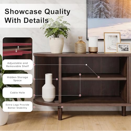 70" Mid Century Modern TV Stand, Wood TV Consoles with Sliding Doors and Power Outlet, Entertainment Center with Adjustable Shelves, Fluted TV Stands for Living Room, Walnut