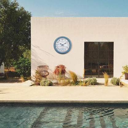 16 Inch Waterproof Indoor Outdoor Wall Clock with Thermometer | Silent non-ticking battery movement, large easy-read blue dial for patio, pool, porch, garden, garage, and home decor