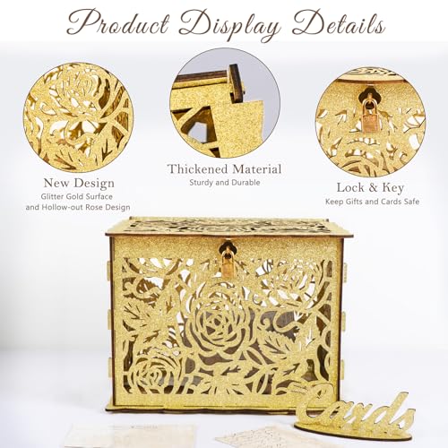 Glittery Gold Wedding Card Box with Lock, Wooden Gift Card Box for Wedding Reception, Elegant Wedding Money Envelope Card Box Holder for Party Graduation Birthday Baby Shower Decorations