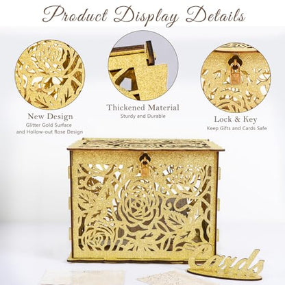 Glittery Gold Wedding Card Box with Lock, Wooden Gift Card Box for Wedding Reception, Elegant Wedding Money Envelope Card Box Holder for Party Graduation Birthday Baby Shower Decorations