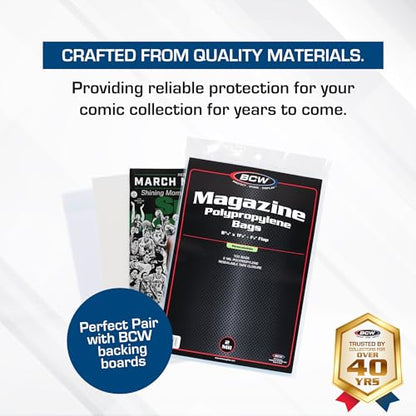 BCW Resealable Magazine Bags - 1 Pack of 100 | Acid-Free, Clear Polypropylene Sleeves for Archival-Quality Storage of Collectible Magazines | Protect and Showcase Your Valuable Comic Book Collection