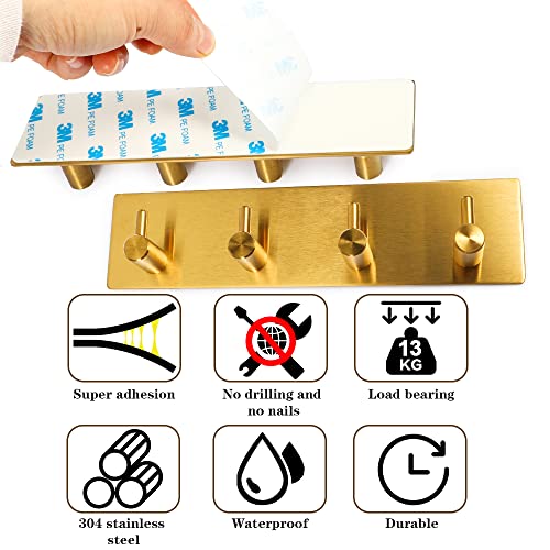 Picowe Key Holder for Christmas Wall Decorative, Adhesive Stainless Steel Key Hooks, Key Hanger Key Organizer Towel Hook Coat Hanger for Entryway Hallway Kitchen (Four Rows, Golden 1 PC)