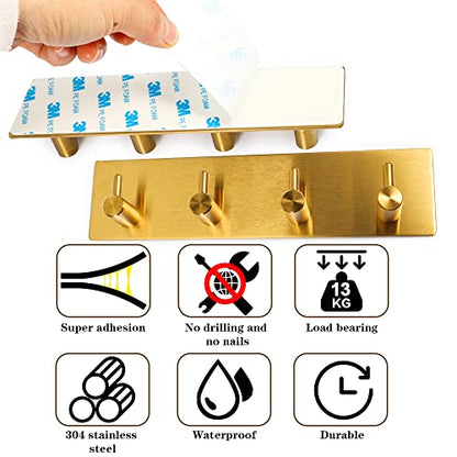 Picowe Key Holder for Christmas Wall Decorative, Adhesive Stainless Steel Key Hooks, Key Hanger Key Organizer Towel Hook Coat Hanger for Entryway Hallway Kitchen (Four Rows, Golden 1 PC)