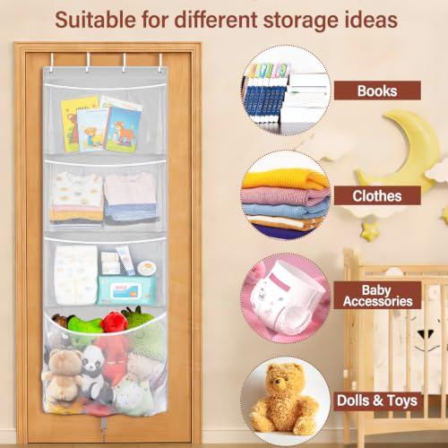 Over Door Stuffed Animal Storage, Hanging Plush Toy Organizer Holder | Behind Door Organizer with 4 Large Pockets, Mesh Hammock Bag for Doll & Bear Stuffies, Idea for Girl Boy Kid Nursery Closet