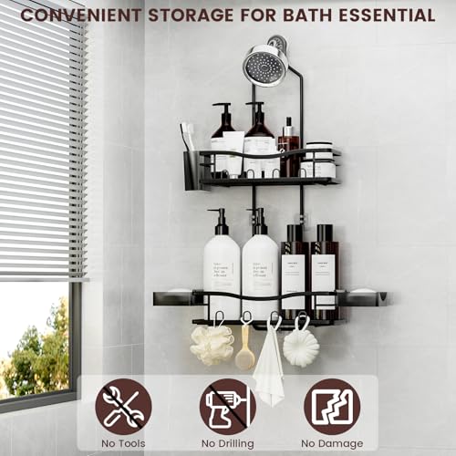 Rustproof Shower Caddy Hanging with Soap Holders for Bathroom, Black | Shower Organizer with Multi Hooks Toothbrush Holder, No Drilling, Anti-Swing, Storage for Shampoo Conditioner Body Wash