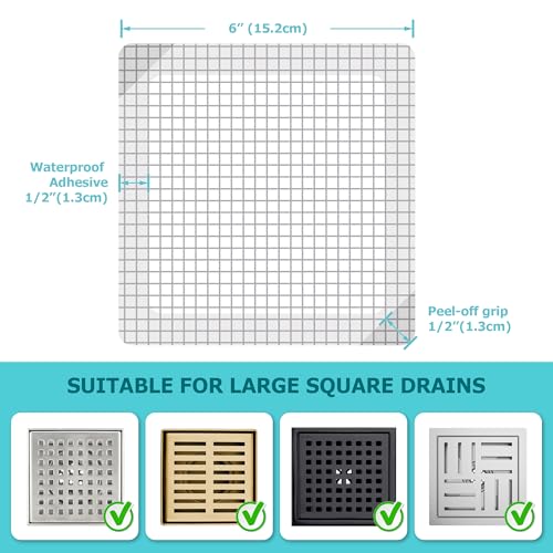 25 Pack Disposable Shower Drain Hair Catcher Mesh Stickers - Peel & Stick Drain Strainers to Prevent Clogs, Strong Waterproof Adhesive, Mess-Free Disposable Drain Covers for Shower, 6 inch, Square