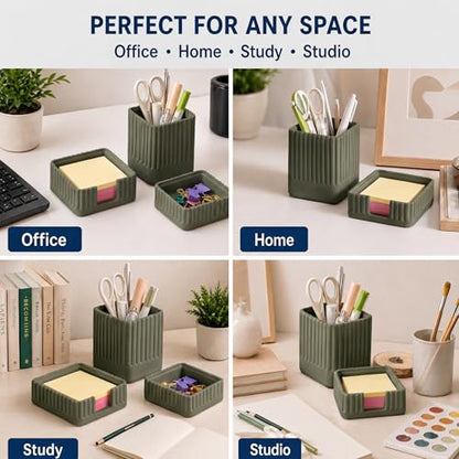 Desk Organizer Set of 3 for Office Accessories - Includes Pen Holder, Paperclip Storage, and Sticky Note Holder - Aesthetic Concrete Desktop Accessories for Women or Men, Office Decor (Green)