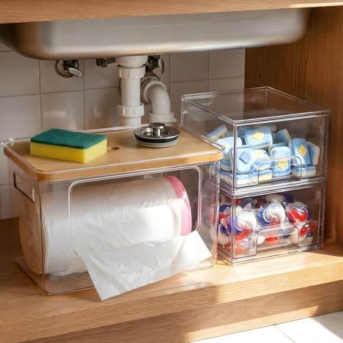 Hudgan Under Sink Organizers 3 in 1, Stackable Acrylic Bathroom Storage, Trash Bag Dispenser and Dishwasher Pods Holder for Kitchen and Laundry Room Organization