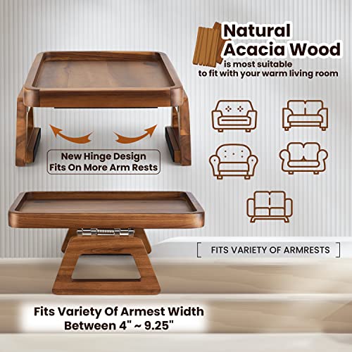 13.75" x 9.5" Acacia Couch Arm Table, Wooden Sofa Arm Tray, Armrest Table for Couch Wooden Sofa Armrest Tray, Clip-on Tray for Wide Couch - Side Table for Eating & Drink, Snack, Phone, Remote