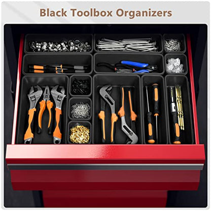 A-LuGei 【𝟰𝟲𝗣𝗖𝗦 & 5 Size】 Tool Box Organizer Tray Divider Set, 【Black】 Bathroom Drawer Organizer Bin, Garage Organization and Storage Toolbox Rolling Tool Chest Cart Cabinet WorkBench Small Part