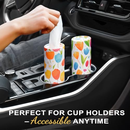 Car Tissue Holder (4 PK) - 50 3-Ply Tissues per Cylinder, Fits Car Cup Holders, Portable Travel Tubes Box Container, Tulip Design, Round Tissue Container for Car Accessories
