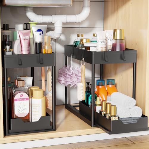 Under Sink Organizer 2 Pack, Sink Pull-Out Sliding... (2 Count | Black | Plastic)