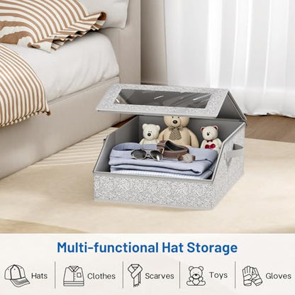 Sturdy Hat Storage for Baseball Caps, Holds up to 24 Caps Clear Hat Organizer for Closet, Bedroom, Wide Hat Box with Cardboard (Grey)