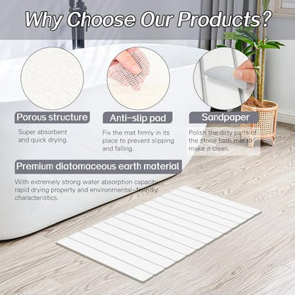 2 Pack Stone Bath Mats Foldable Non-Slip Quick Dry Bathroom Rugs | White Super Absorbent Diatomaceous Earth. Folds Flat for Compact Storage. Easy to Clean. Sandpaper Included for Stain Removal