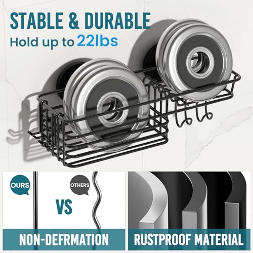 TAILI Shower Caddy Suction Cup with Hooks and Soap holder, Black | Heavy Duty Shower Organizer, No Drilling Bathroom Holder, Metal Storage Basket