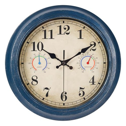 12 Inch Outdoor Clock with Thermometer and Hygrometer Combo, Waterproof Indoor Outdoor Wall Clocks for Patio, Pool, Garden, Bathroom Decor- Blue