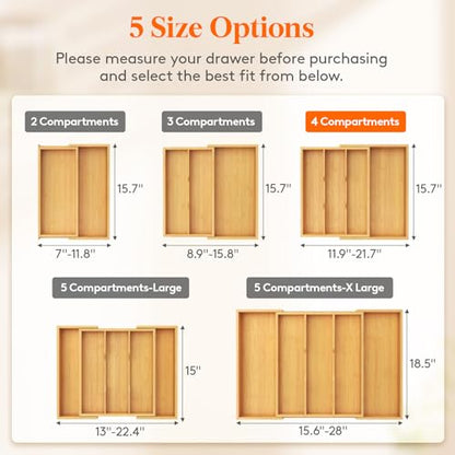 Lifewit Utensil Organizer for Kitchen Drawer, Expandable Cooking Utensil Tray, Cutlery Silverware Flatware Holder, Wood Adjustable Spatula Tools Storage Divider, 30-55 x 40cm, Natural