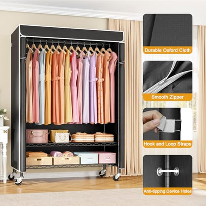 P6C Plus Rolling Clothes Rack with Cover, Covered Clothing Rack | Portable Closets for Hanging Clothes, Heavy Duty Garment Rack on Wheels, Black Closet Rack with Black Cover, Max Load 375LBS