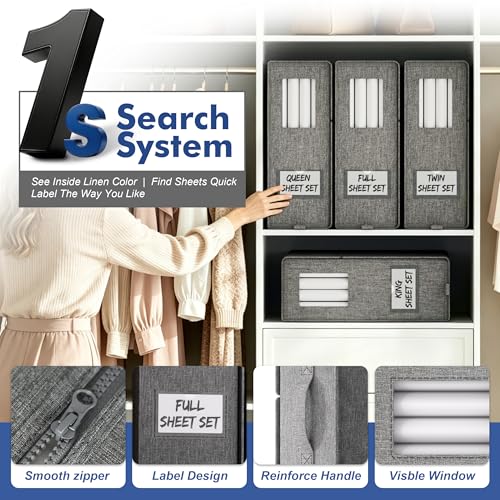 Furnhome Bed Sheet Organizers and Storage 4 Pack for Linen Closet, Foldable Sheet Set Holder with Window & Labels, Stackable Bedding Storage Boxes for Sheets, Duvet Covers, Blankets