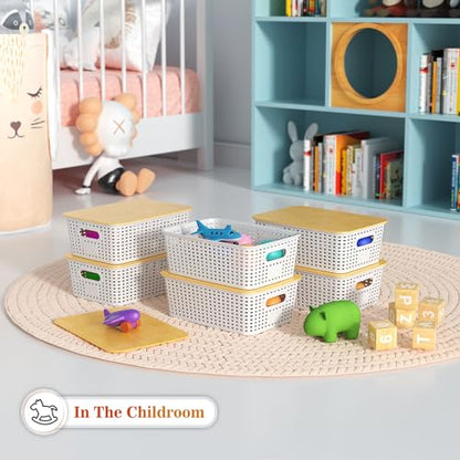 Ohmlove Plastic Storage Baskets With Bamboo Lid - Plastic Storage Containers Stackable Storage bins: Storage Baskets for Organizing Shelves Drawers Desktop Closet Playroom Classroom Office, 6 Pack