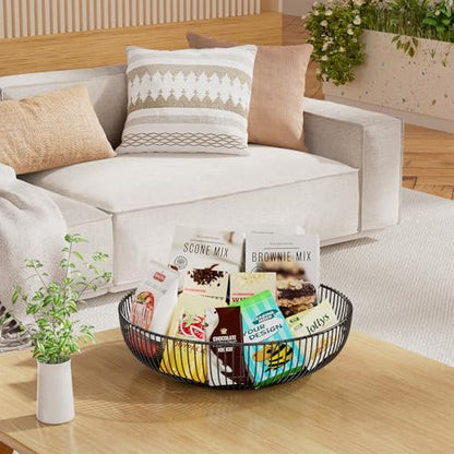 Simple Trending Round Metal Fruit Basket Bowl for Kitchen Counter - Rust-Proof, Non-Slip & Breathable Wire Organizer for Fruits, Veggies, Snacks, Black (11“ Diameter x 3.2” H)