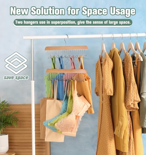 4 Pack Bra Hangers for Closet Organizer, Wood Tank Top Hangers Space Saving | Large Capacity Non-Slip Bra Organizer, Multi Hangers with 10 Hooks, Fits for Belt, Tie, Tank Top, Necklaces, Wooden Color