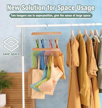 4 Pack Bra Hangers for Closet Organizer, Wood Tank Top Hangers Space Saving | Large Capacity Non-Slip Bra Organizer, Multi Hangers with 10 Hooks, Fits for Belt, Tie, Tank Top, Necklaces, Wooden Color